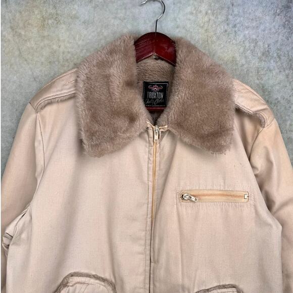 VTG 70s Pilots Jacket Sz L Beige Tan Faux Fur Full Zip Truxton Vintage Retro - Picture 5 of 10